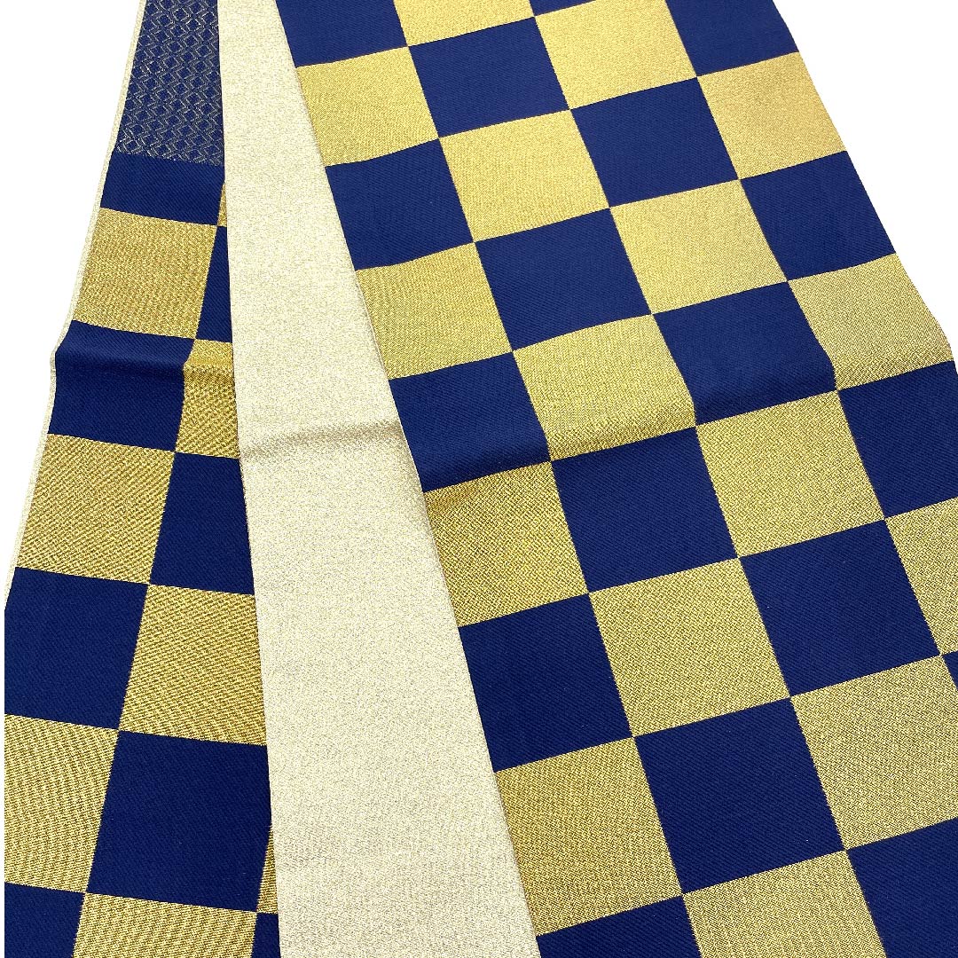Gold-colored Fukuro Obi for Furisode, Checkered, Length 448cm, Pure Silk, S-Rank, Six-way, Formal, Gold-based, 1123006302321