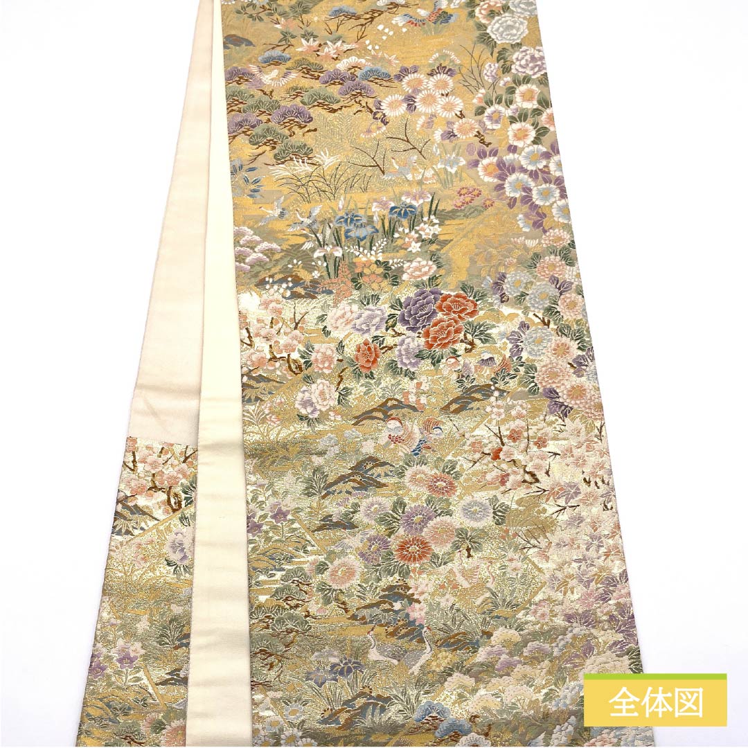 Formal, gold-tone, pure silk obi, A-rank, classic pattern, flower and bird motif for banquets, 436cm long, six-fold obi, suitable for formal wear. Product number: 1123015503321