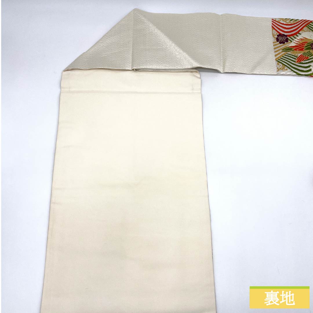 Nagoya Obi with a Mandarin and Cherry Blossom Design and Wave Pattern, Length 364cm, Pure Silk, A-Rank, Pointed Pattern, Silver, Semi-Formal, 1124008933322, Nagoya Style