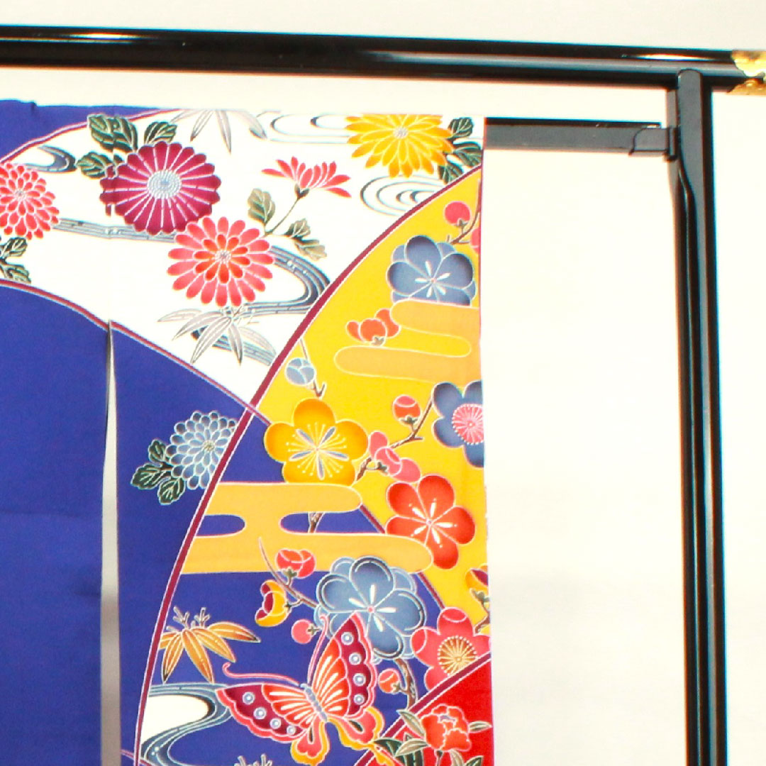 振袖 身丈159cm 裄丈67cm 袷 桔梗色 京紅型 吉祥文様 正絹 Aランク 紺系 1113001703318