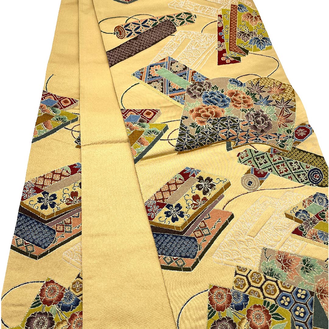 袋帯 山吹鼠色(やまぶきねずみいろ) 白綾苑大庭 時代絵巻 古典花 帯丈420cm 正絹 Sランク 六通 フォーマル 茶系 1123005682314