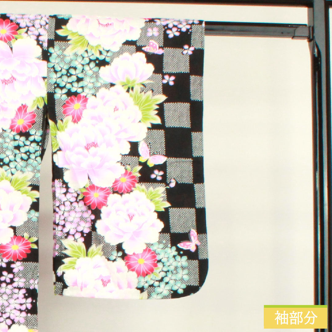 Yukata Cotton Length 138.5cm Sleeve length 61.5cm S rank Single layer Black Peony Hydrangea Butterfly Checkered 1118005122110