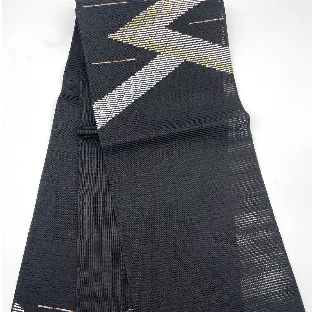 (新品未使用品)袋帯 夏帯 黒色 幾何学模様 夏物 帯丈442cm 正絹 NEWランク ポイント柄 セミフォーマル 黒系 1123008471310