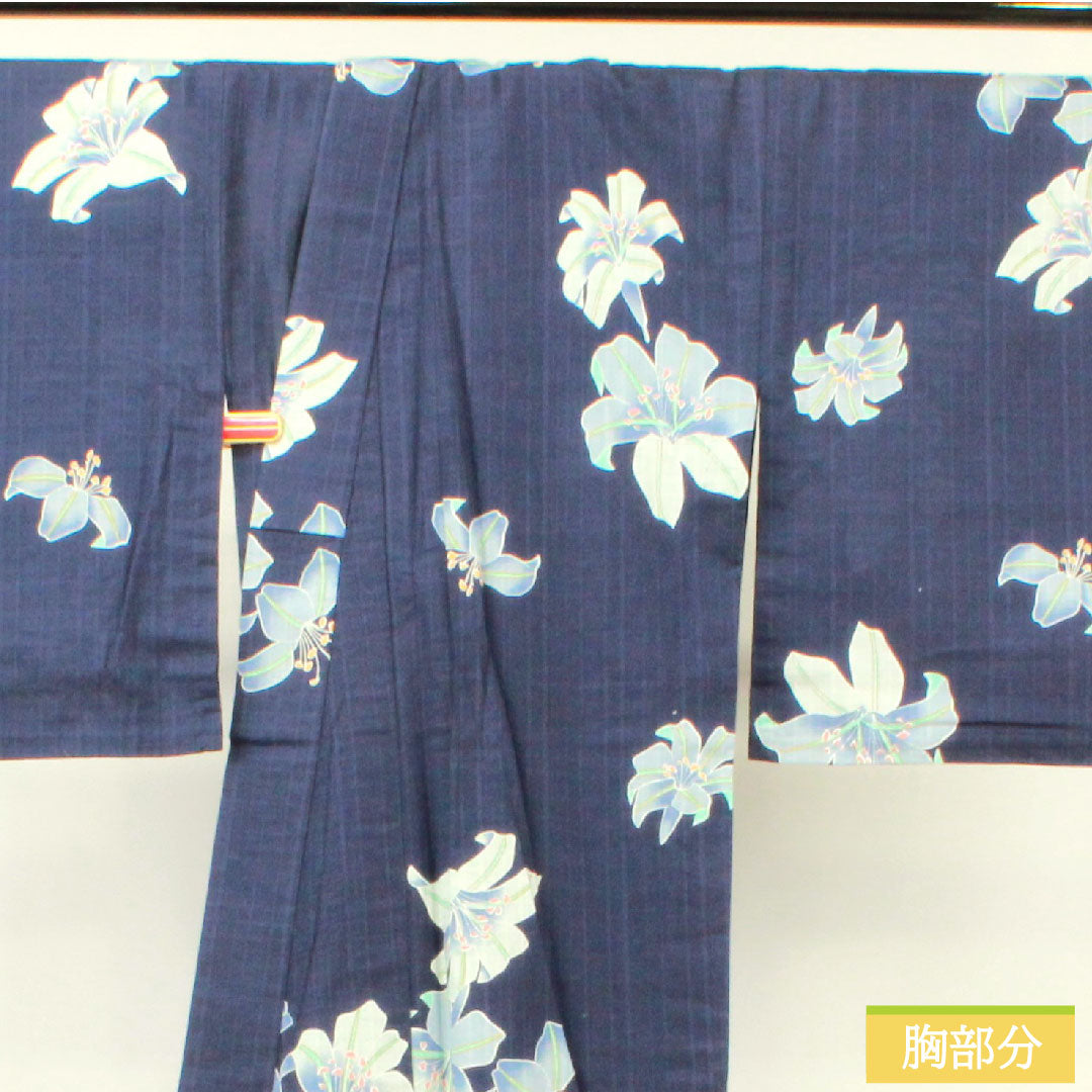 浴衣 木綿 身丈166cm 裄丈64.5cm Sランク 単衣 紺系 燻色(ふすべいろ) カサブランカ 1118005142518