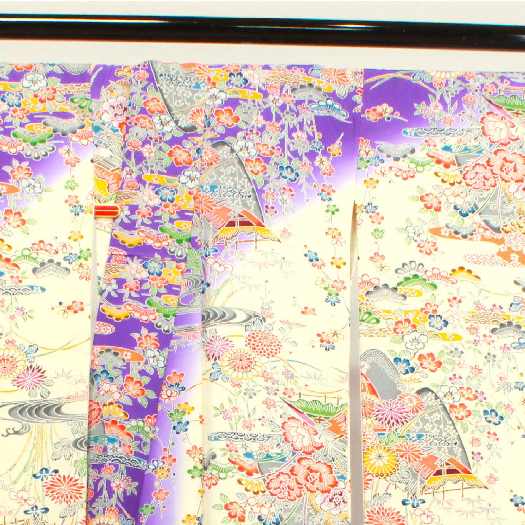 振袖 身丈162cm 裄丈65cm 袷 京紅型 松竹梅 菊 風景模様 正絹 Sランク 白系 1113001632411