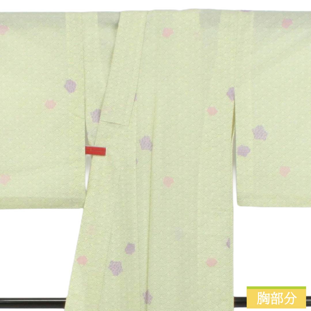夏物 ポリエステル 小紋 Sランク 身丈156.5cm 裄丈62.5cm 硫黄色(いおういろ) 青海波 抽象模様 洗える着物 絽 緑系 1132003412319