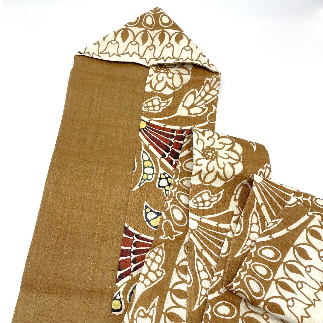 Nagoya obi, trunk color, Kyoto Bingata, Kuriyama Kobo, elephant, abstract flower pattern, obi length 376cm, linen, S rank, point pattern, casual, brown, 1124005262314, Nagoya style