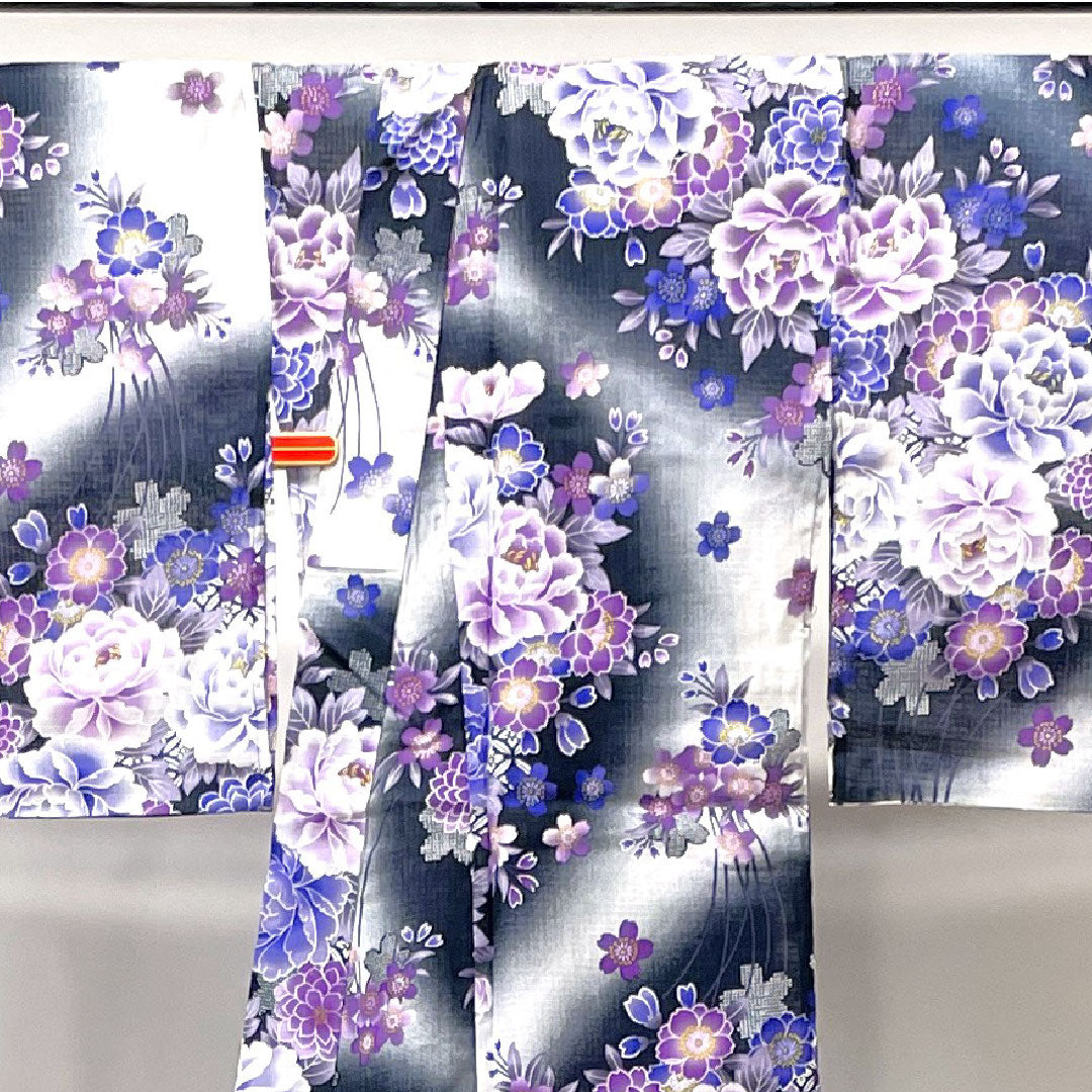 浴衣 桜 木綿 Sランク 単衣 身丈162cm 裄丈66cm 黒系 1118001502410