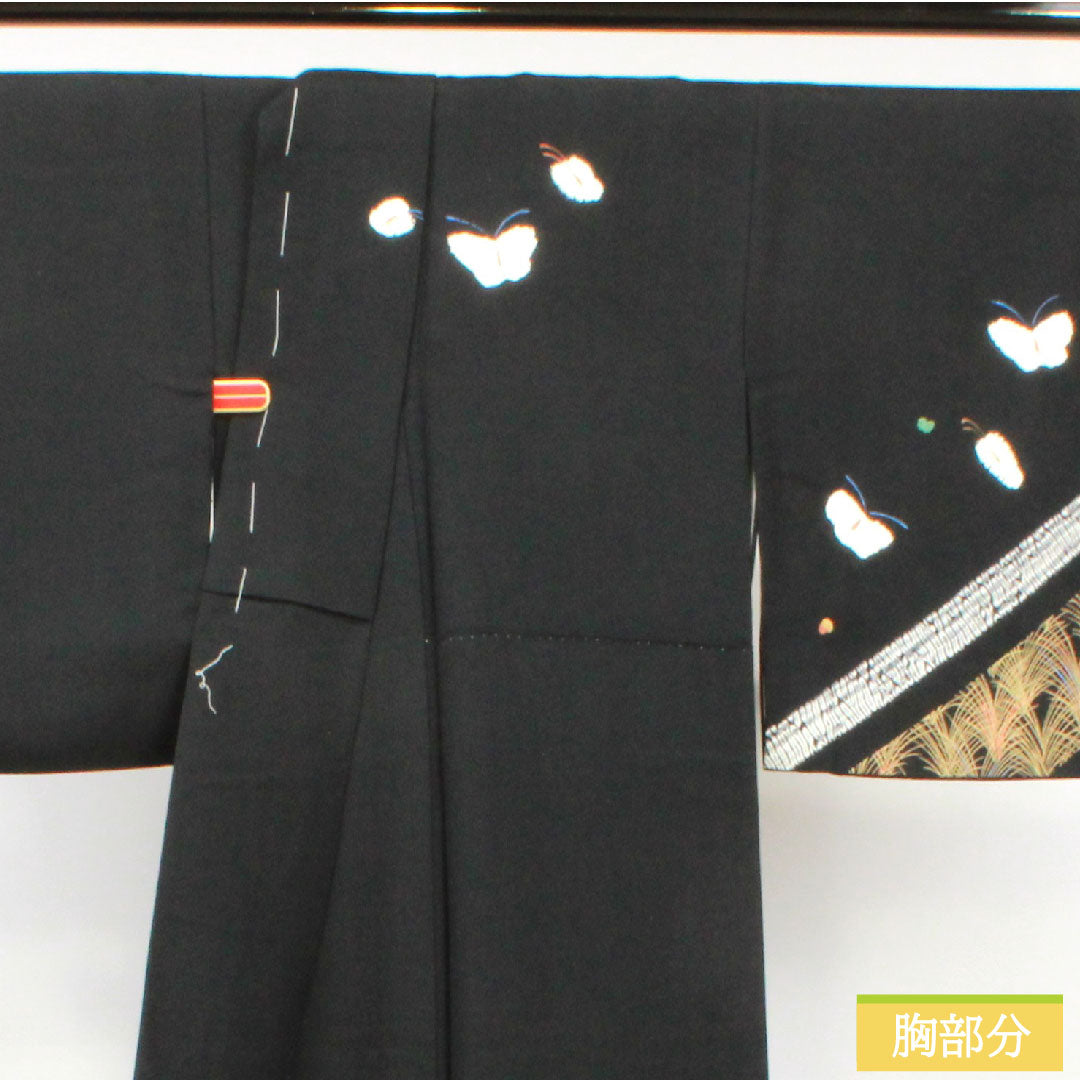 Homongi, pure silk, lined, length 157.5cm, sleeve length 63.5cm, tie-dye pattern, butterfly, A rank, black, 1112004393310