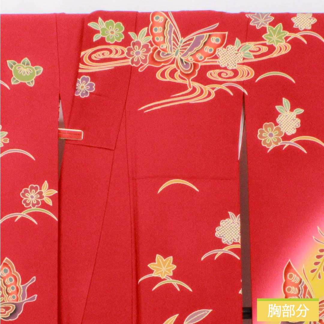 振袖 正絹 Aランク 身丈158.5cm 裄丈67cm 袷 紅赤色(べにあかいろ) 京紅型 吉祥文様 蝶 菖蒲 橘 赤系 1113002283312