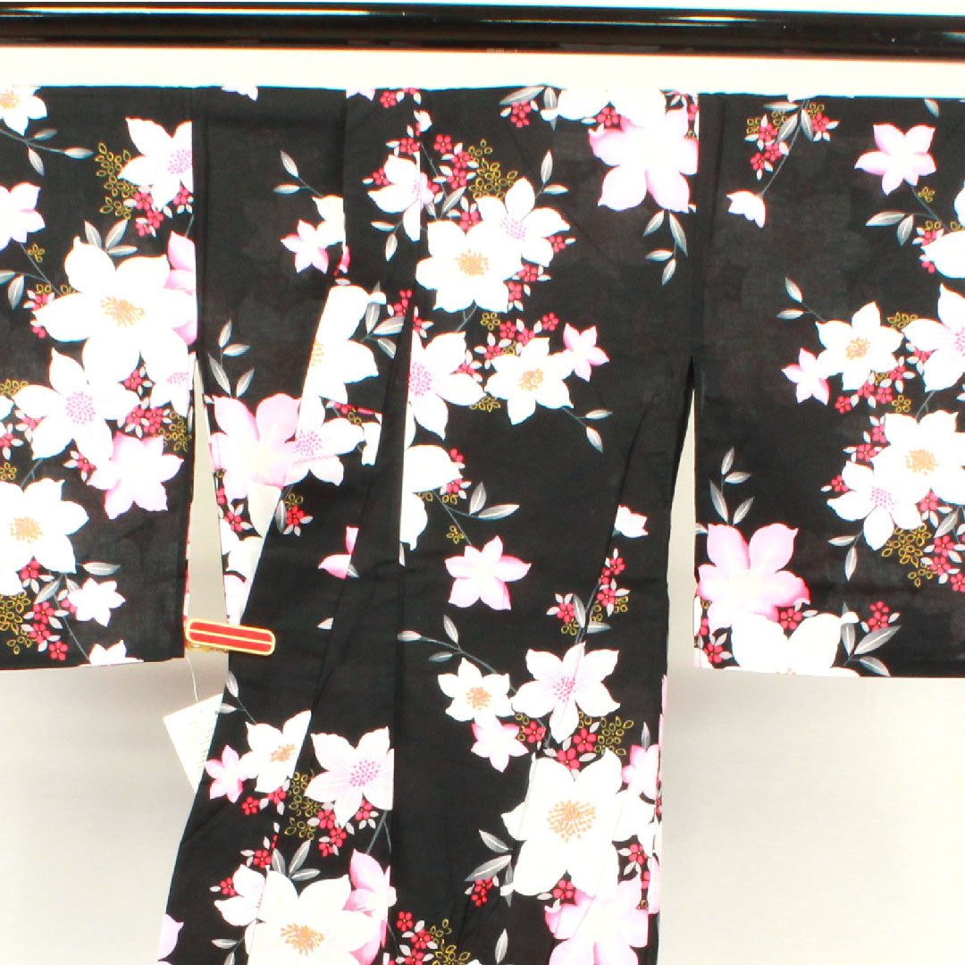 Yukata Flower Pattern Cotton S Rank Single Layer Length 162cm Sleeve Length 67cm Black 1118001162410