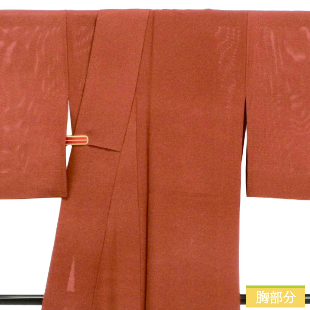 夏物 正絹 色無地 Sランク 身丈158cm 裄丈65cm 赤褐色(せきかっしょく) 丸に剣片喰 一つ紋 絽 茶系 1132003642314