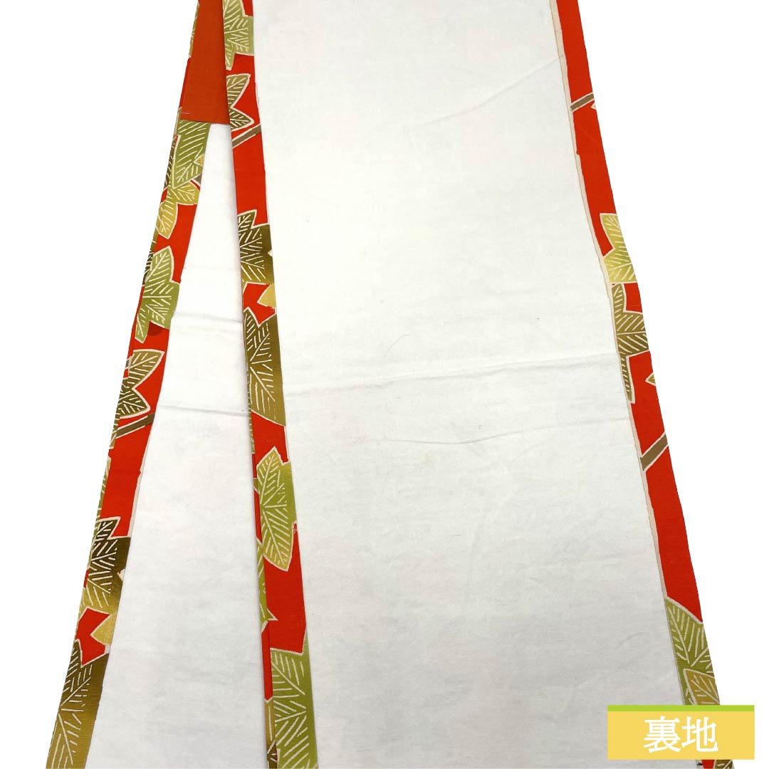 名古屋帯 正絹 Aランク 開き仕立て 京緋色(きょうひいろ) 染め帯 型染 枝葉 帯丈350cm 全通 カジュアル 赤系 1124012053312