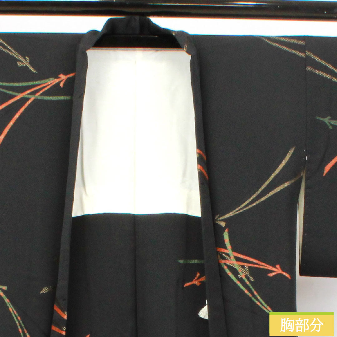Haori, pure silk, length 78cm, sleeve length 63.5cm, black haori, pine needles, one crest, bellflower and three scales, S rank, lined, black, 1117000822910