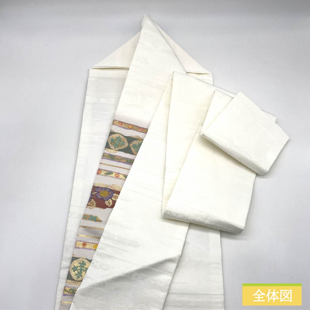 Nagoya Obi, Polyester, S-Rank, Classic Pattern, Horizontal Stripes, Chinese Flowers, Length 372cm, Pointed Pattern, Semi-Formal, White, 1124010792311, Nagoya Style