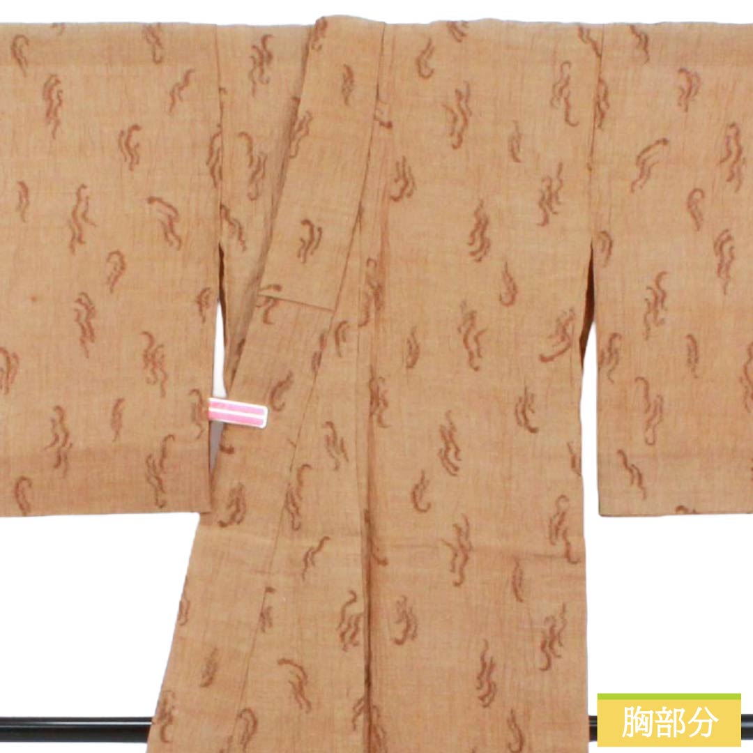 夏物 麻 紬 Sランク 身丈153.5cm 裄丈62cm 薄茶色(うすちゃいろ) 小千谷縮 抽象模様 紗 茶系 1132003792214