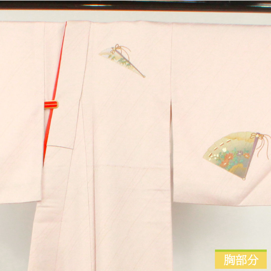 訪問着 ポリエステル 袷 身丈159cm 裄丈63cm 桜色(さくらいろ) 洗える着物 扇 半衿付き Sランク ピンク系 1112004382313