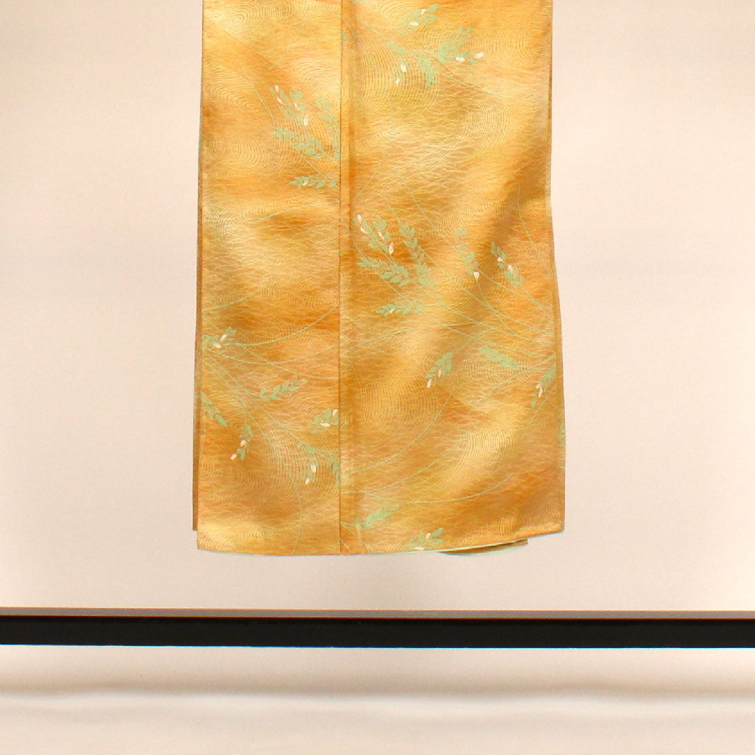 小紋 身丈147.5cm 裄丈61.5cm 袷 洗える着物 流水に葉 ポリ Aランク 黄系 1115000213123