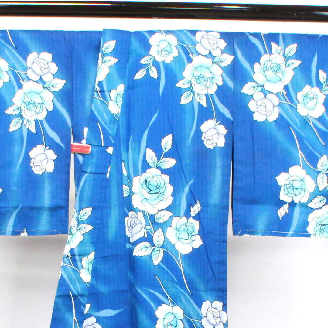 浴衣 しつけ糸付き 未使用品 瑠璃色 薔薇 木綿 Sランク 単衣 身丈164.5cm 裄丈65.5cm 青系 1118002932417