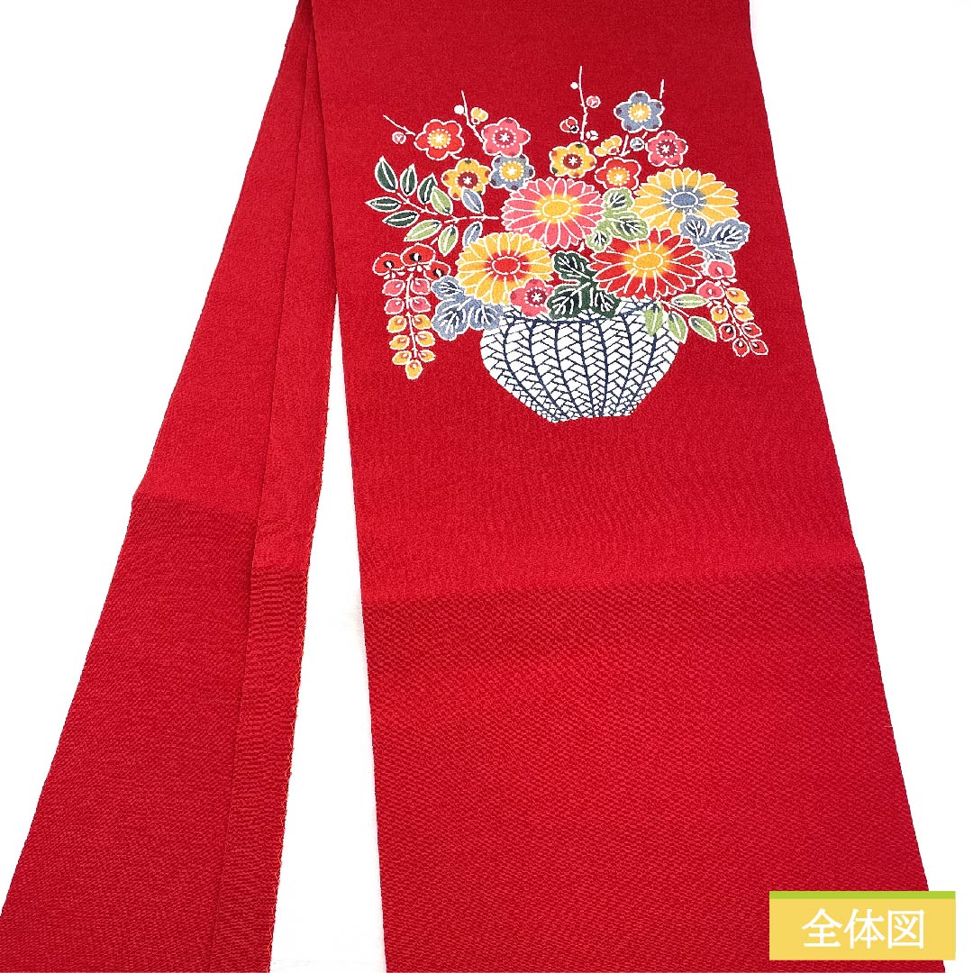 名古屋帯 土耳古赤色 型染 京紅型 花籠 帯丈368cm 正絹 Aランク ポイント柄 カジュアル 赤系 1124005693312 開き仕立て