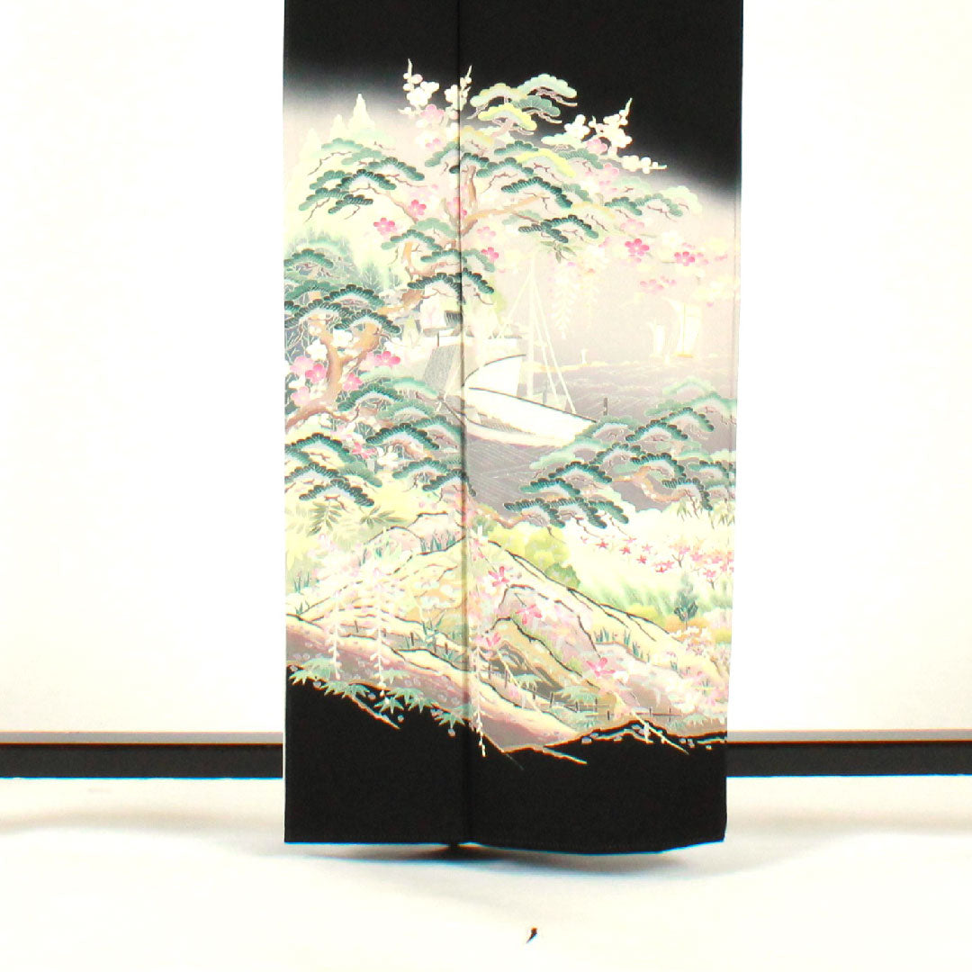 Black formal kimono, length 161.5cm, sleeve length 66cm, lined, artist's work, landscape pattern, hanging wisteria, pure silk, A rank, five crests, black, 1111000353410