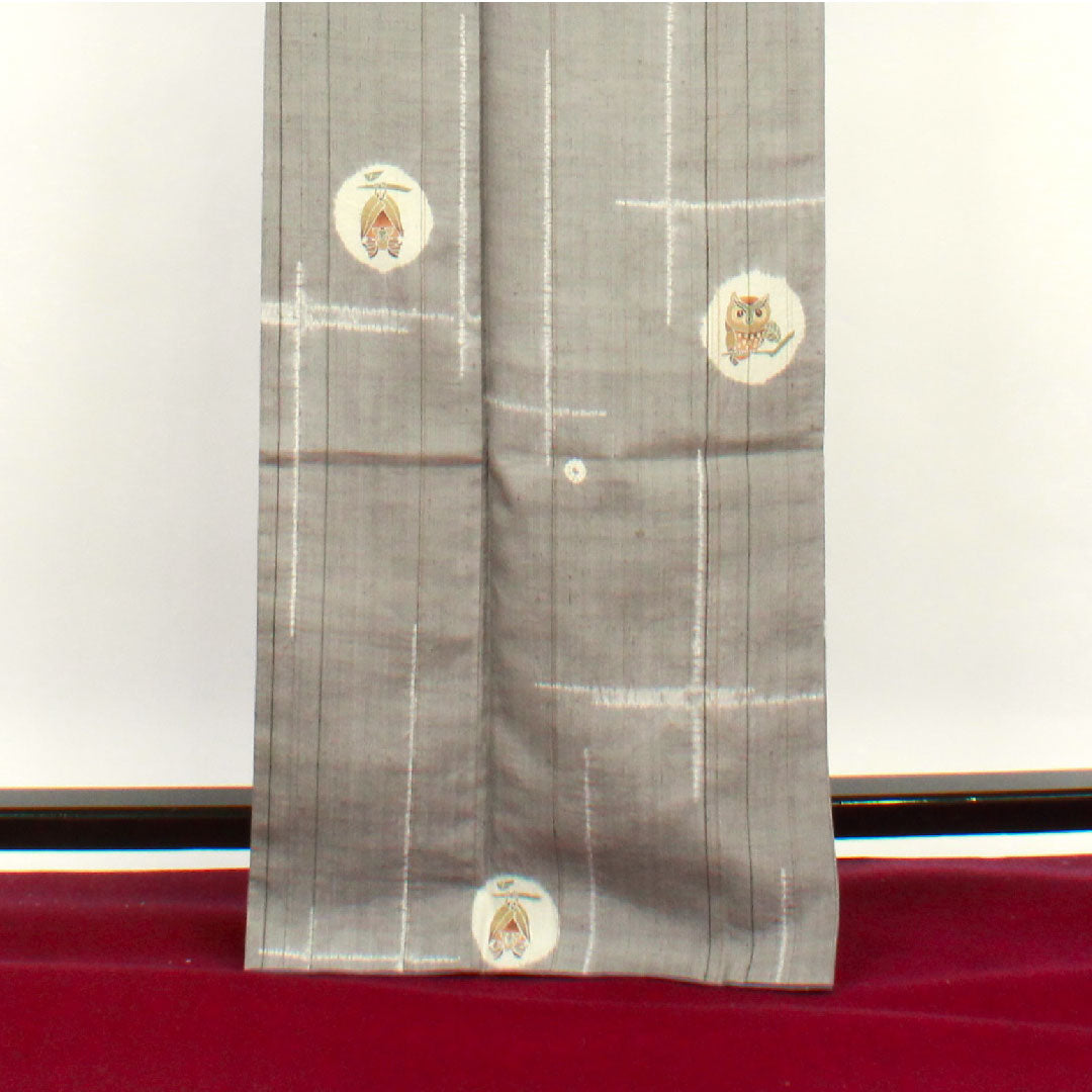 Tsumugi, Length 166cm, Sleeve length 67cm, Gray, Shibori, Owl, Pure silk, S rank, Awase, Gray, 1116002022522