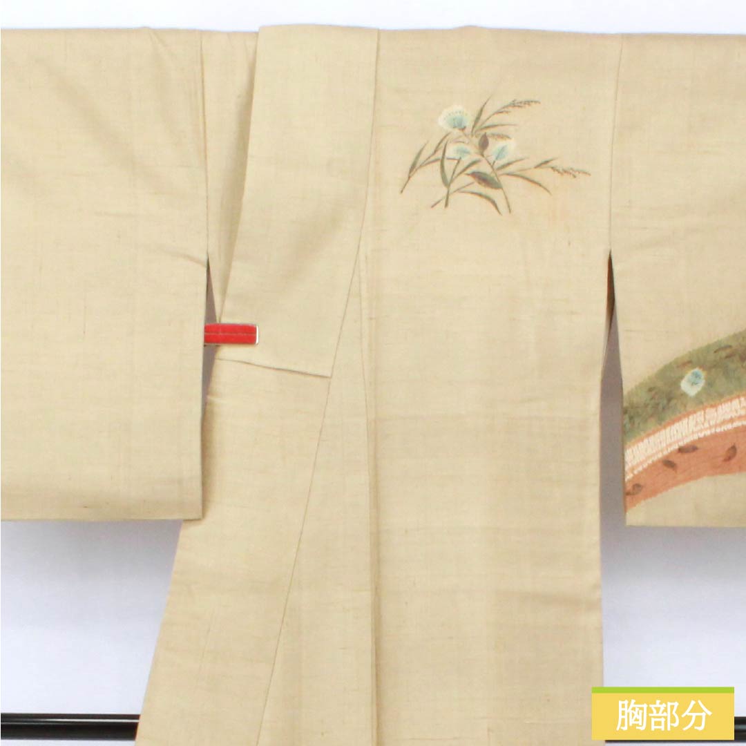 訪問着 正絹 Bランク 袷 身丈160cm 裄丈68cm 亜麻色(あまいろ) 生紬 桶絞り 乾山絞り 伝統工芸作家 吉澤与市 ベージュ系 1112007414425
