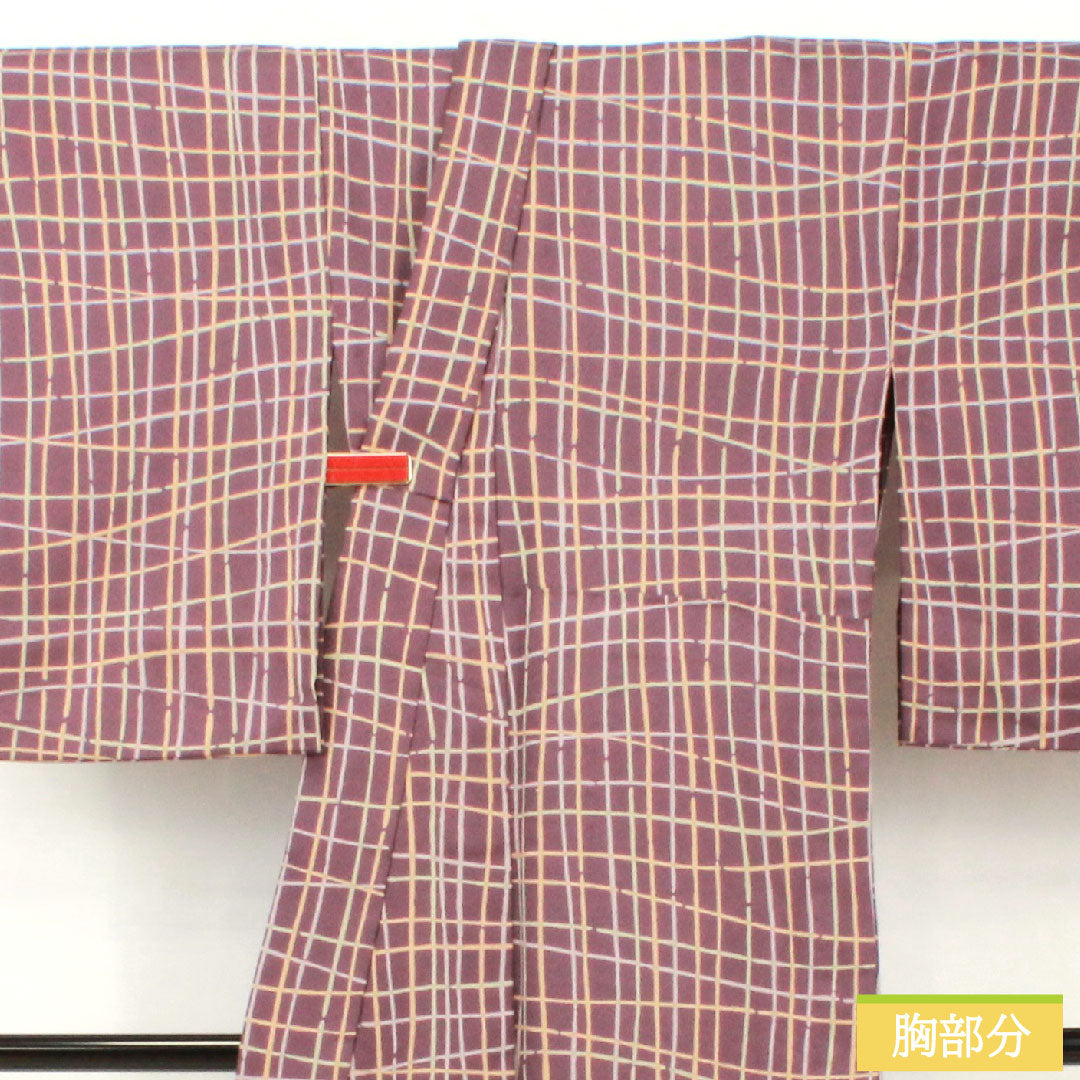 Small pattern, polyester, length 159cm, sleeve length 66cm, single layer, ancient purple, washable kimono, checkered pattern, A rank, purple, 1115004863320