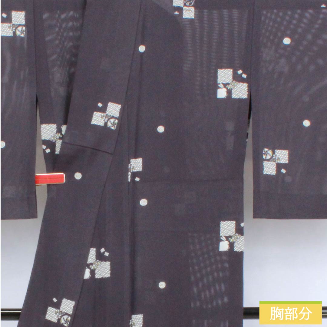 夏物 正絹 小紋 身丈158cm 裄丈67cm 褐色(かちいろ) 型染 飛び市松 古典柄 絽 Sランク 紫系 1132002802320