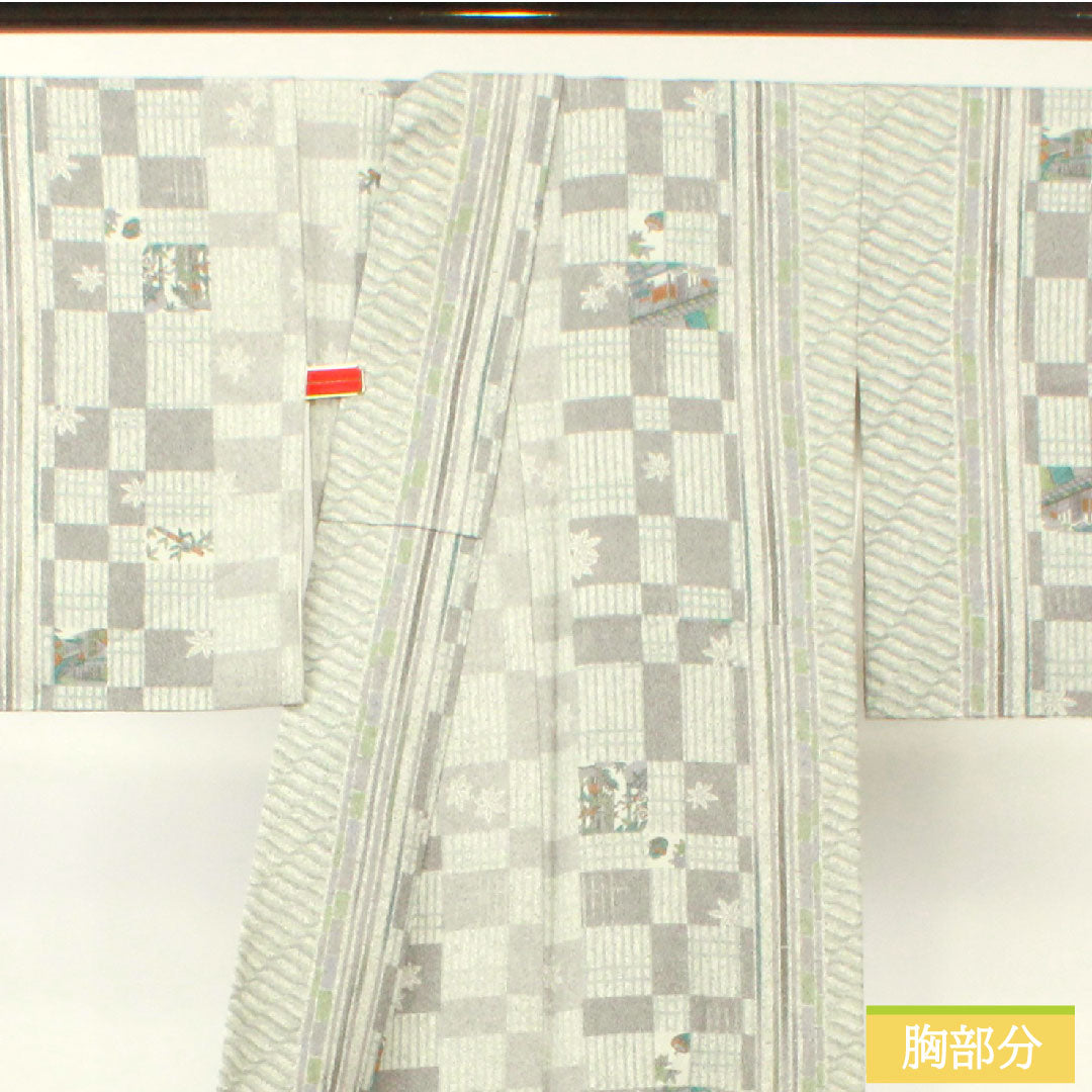 小紋 正絹 身丈151.5cm 裄丈62.5cm 袷 雲井鼠色(くもいねずいろ) 町家風景 幾何学模様 Aランク グレー系 1115004223222