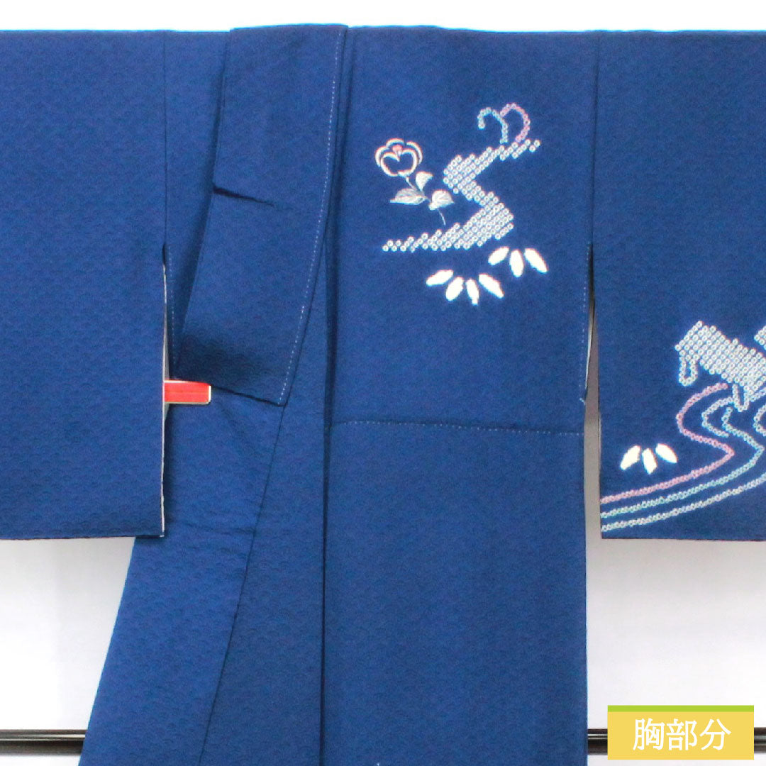 訪問着 正絹 袷 身丈160cm 裄丈66cm 紺瑠璃色(こんるりいろ) 部分絞り 抽象模様 Aランク 紺系 1112005663418
