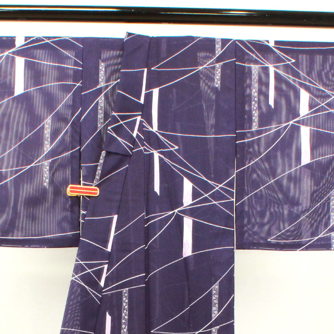 Summer item, polyester, small pattern, length 158.5cm, sleeve length 60.5cm, purple navy blue, bamboo, basting thread included, unused item, silk gauze, S rank, purple, 1132000942320