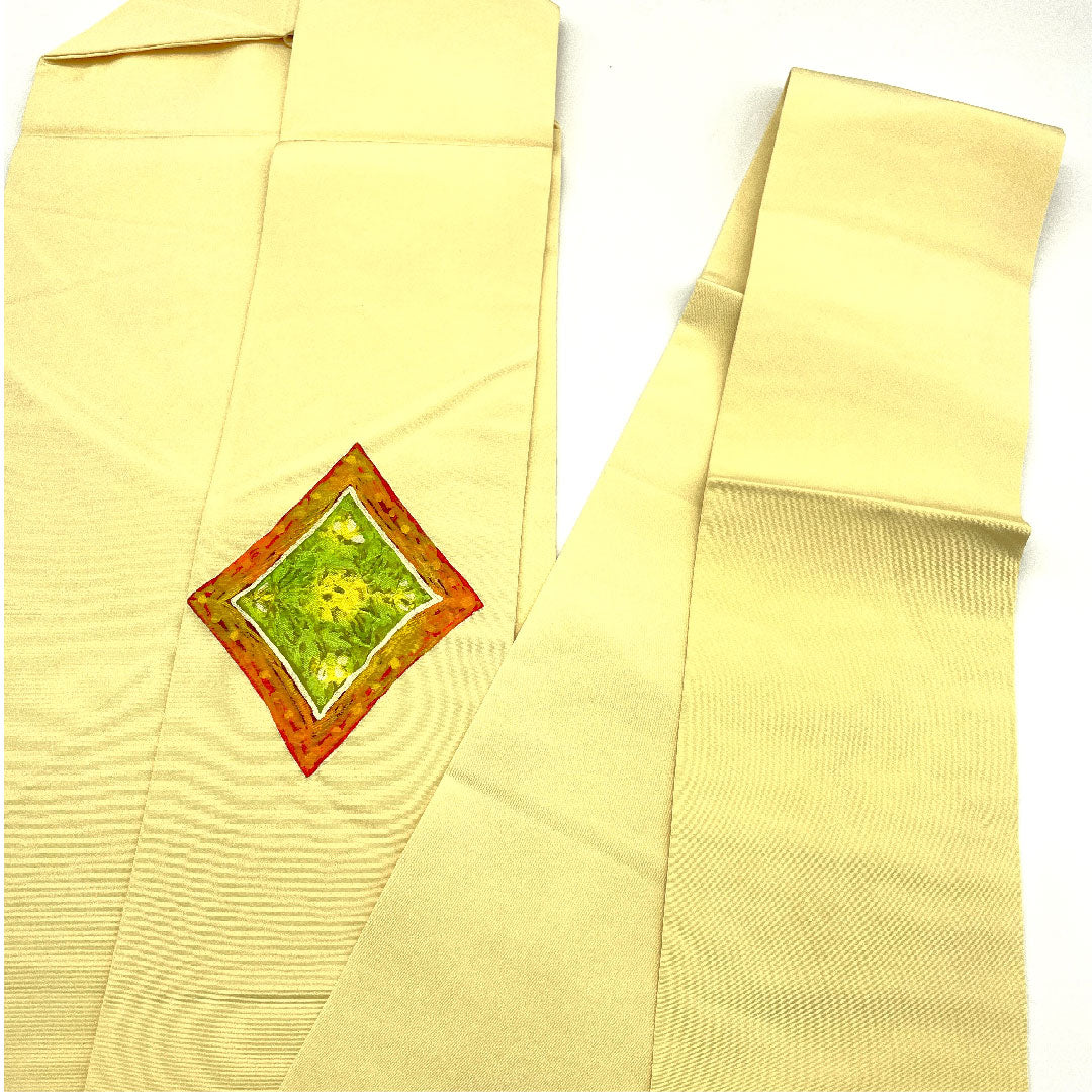 Nagoya obi with diamond and floral pattern, dyed obi, obi length 351cm, pure silk, A rank, point pattern, casual, cream color, 1124001433315, Nagoya style