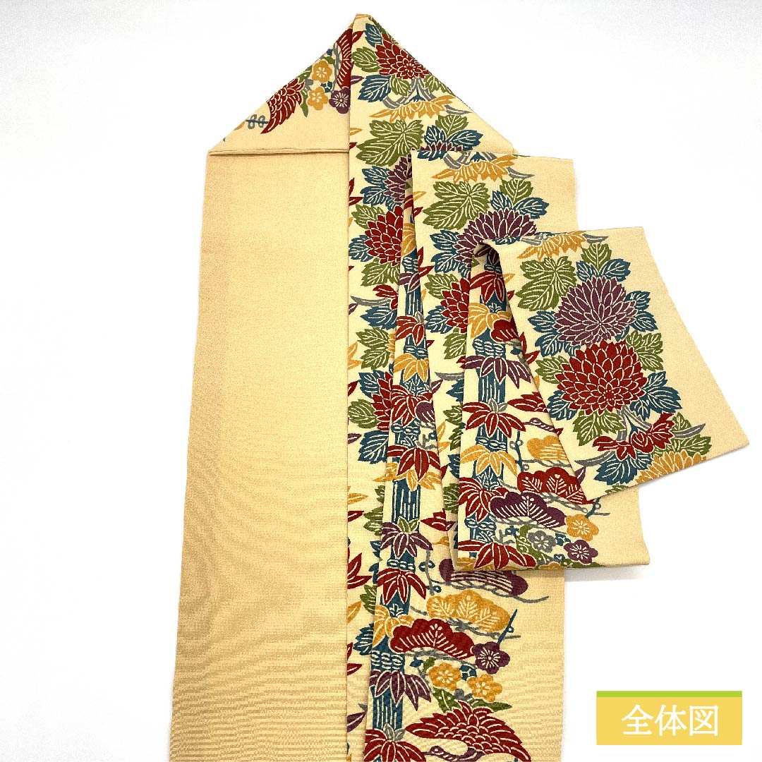 Nagoya obi, Koji-iro, Pine, Bamboo, Plum, Marshmallow, Bingata pattern, Length 360cm, Pure silk, S rank, Full length, Casual, Cream color, 1124006472315, Nagoya style