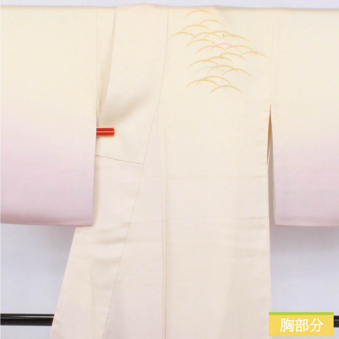 Visiting Kimono, Pure Silk, B-Rank, Lined, Length 154.5cm, Sleeve Length 64cm, Off-White (Kinari-Iro), Designed by Living National Treasure Yoshishige Fukuda, Single Crest, Ueda Family Paulownia Wood Embroidery, Cream, Product Number: 1112006824215