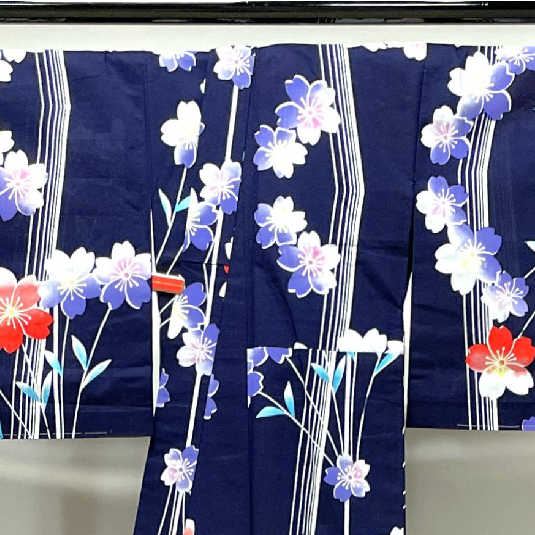 Yukata with basting thread, unused, dark blue, cherry blossom, cotton, S rank, single layer, length 165.5cm, sleeve length 64.5cm, navy blue, 1118002342518