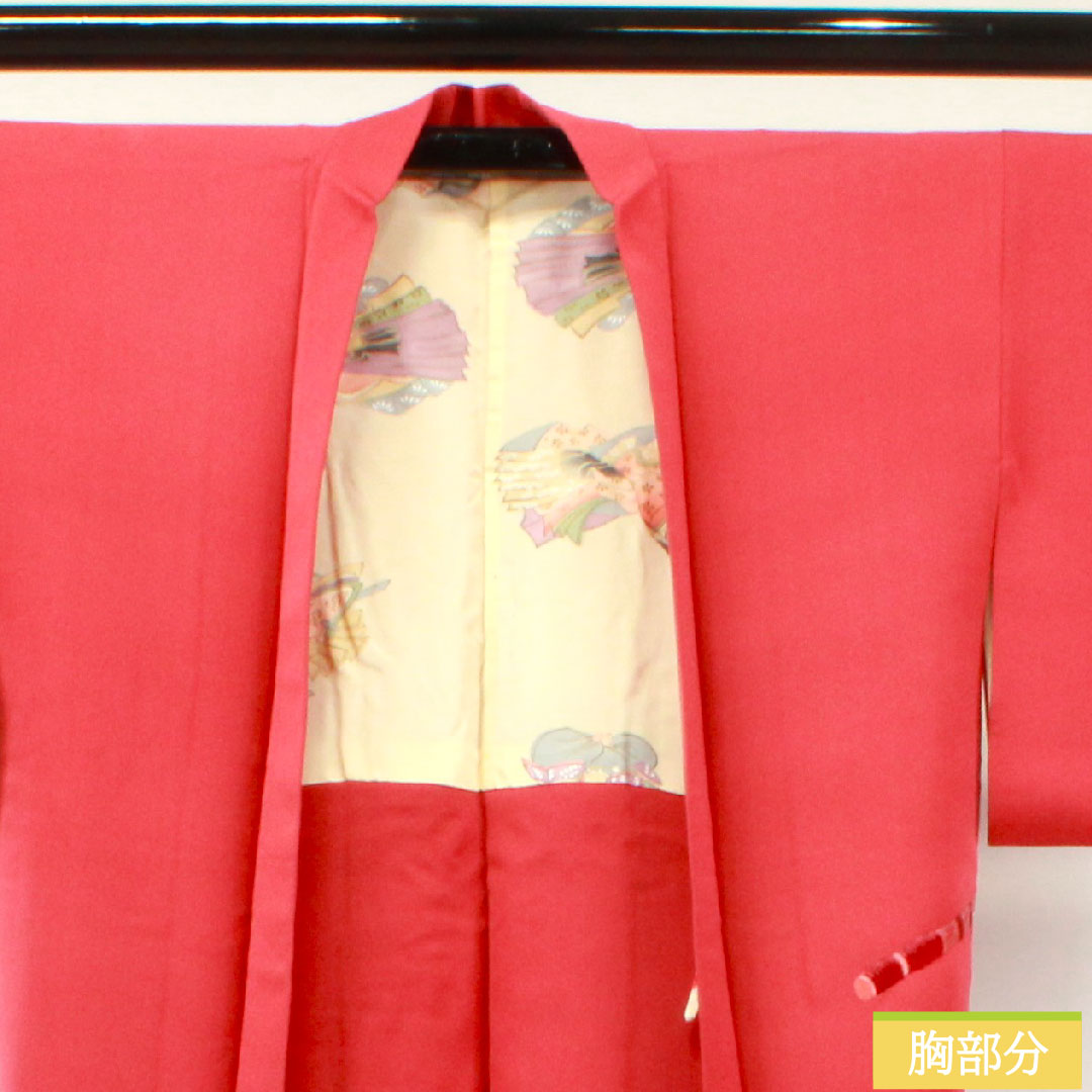 Haori (Japanese traditional coat) made of pure silk, length 74cm, sleeve length 61cm, crimson silk (momiiro), embroidery, A rank, lined, red, 1117000983912