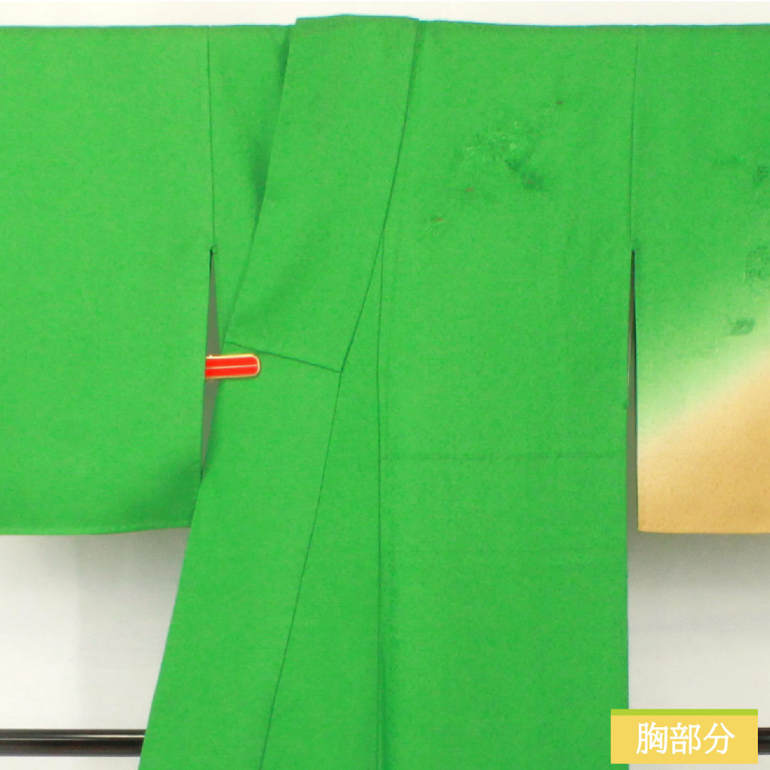 Homongi, pure silk, lined, length 157.5cm, sleeve length 62.5cm, grass green, Shantou embroidery, floral pattern, Scotchgard, S rank, green, 1112004992319