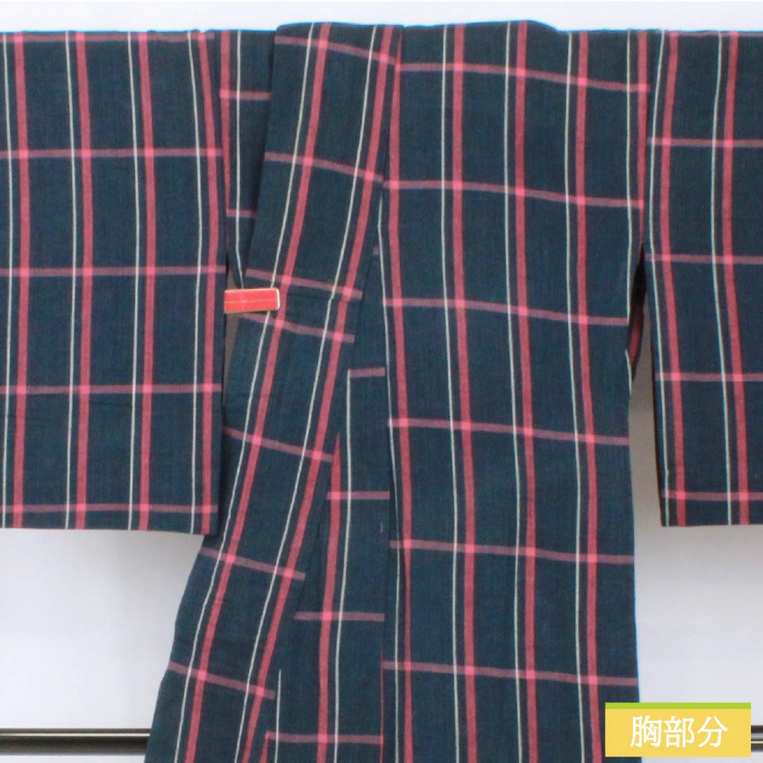 Yukata Cotton Length 154cm Sleeve length 65cm B rank Single layer Navy blue Indian indigo Shijira weave Check pattern 1118005624218