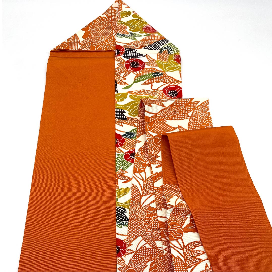 Nagoya obi, red lead, Kyoto Bingata, abstract floral pattern, obi length 363cm, pure silk, S rank, point pattern, casual, orange, 1124004812326, Nagoya style