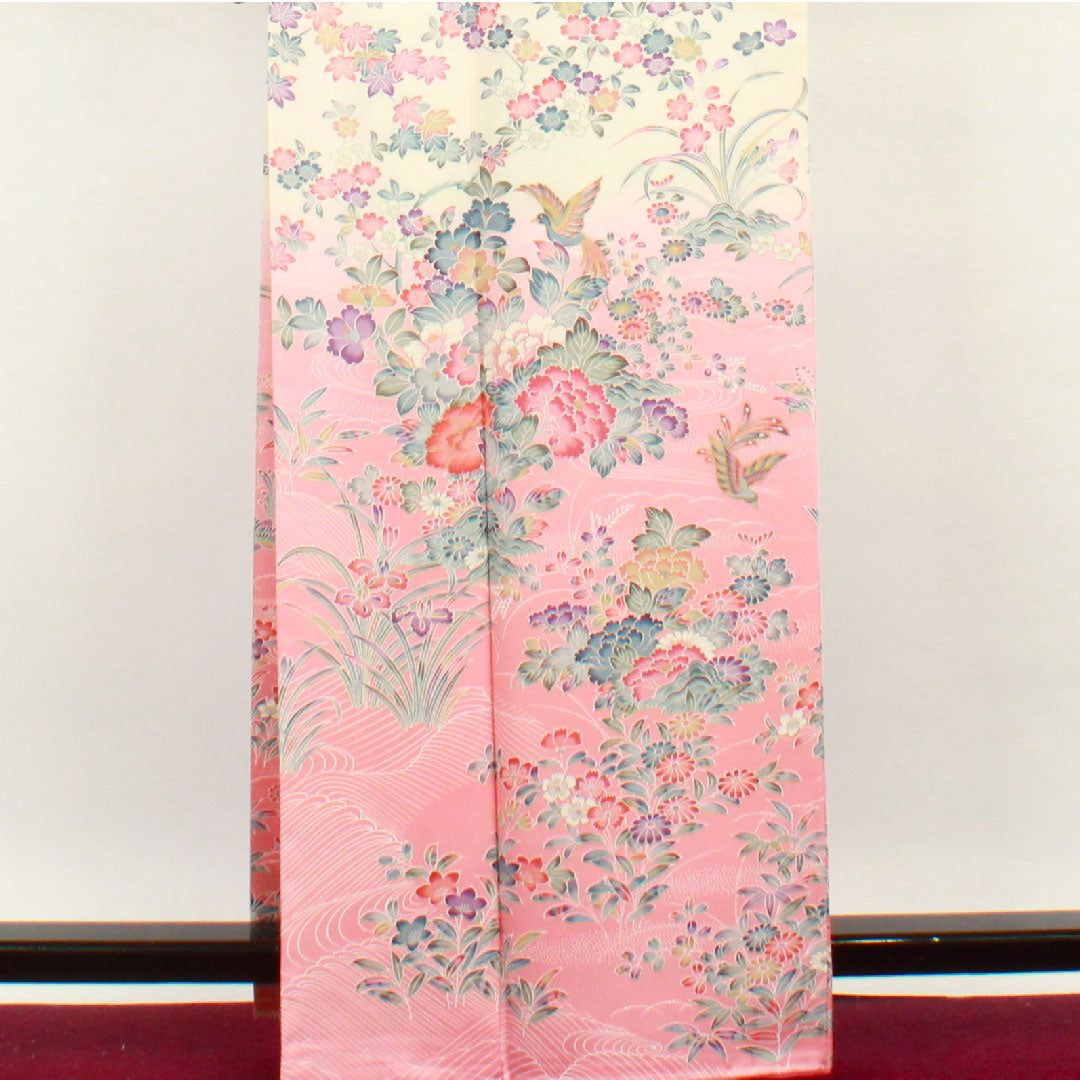 Homongi, lined, length 162.5cm, sleeve length 65cm, single layer plum color, Kyoto Yuzen, floral pattern, pure silk, S rank, pink, 1112001922413