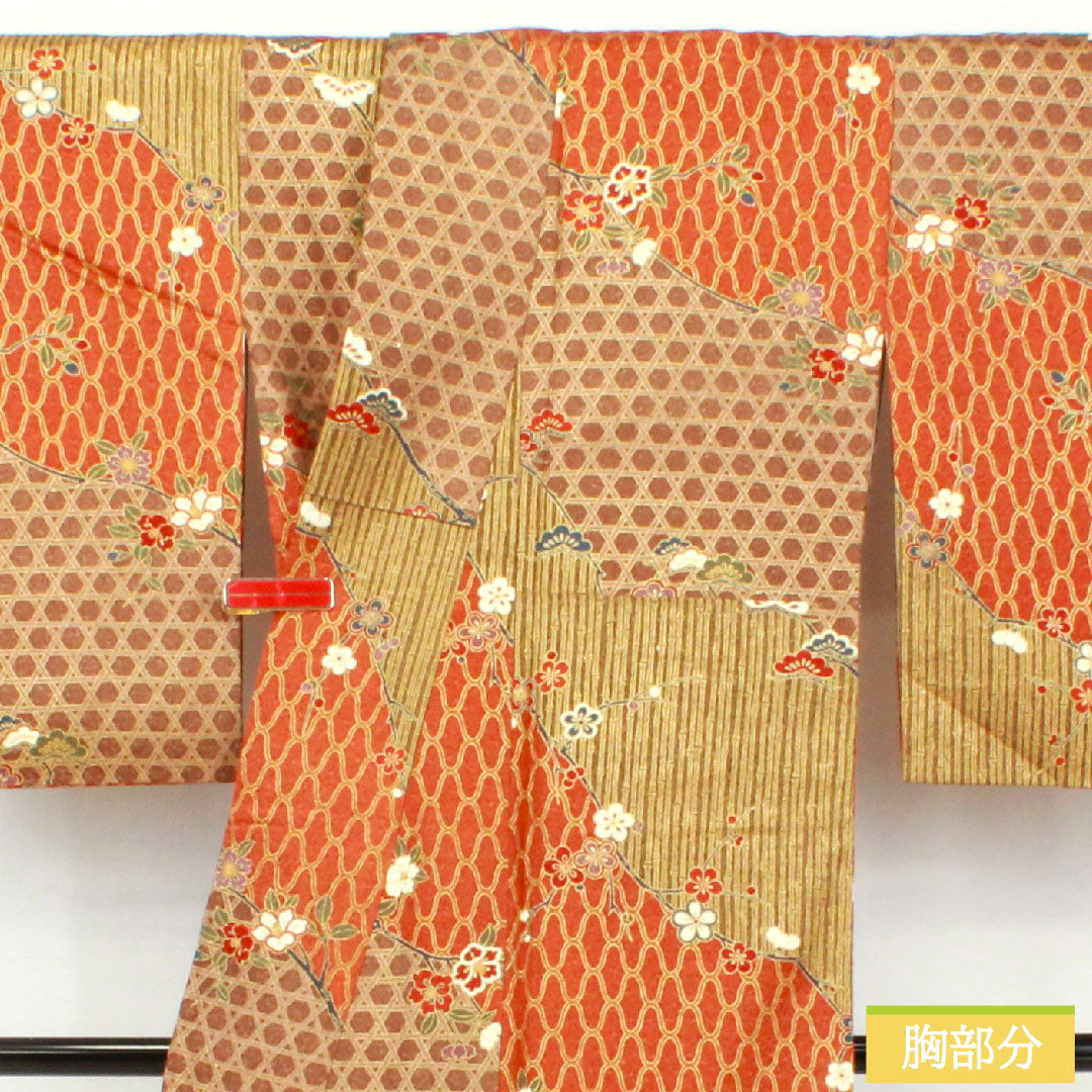 Homongi, pure silk, lined, length 157cm, sleeve length 63.5cm, Kyoto Yuzen, pine, bamboo and plum, S rank, brown, 1112005482314
