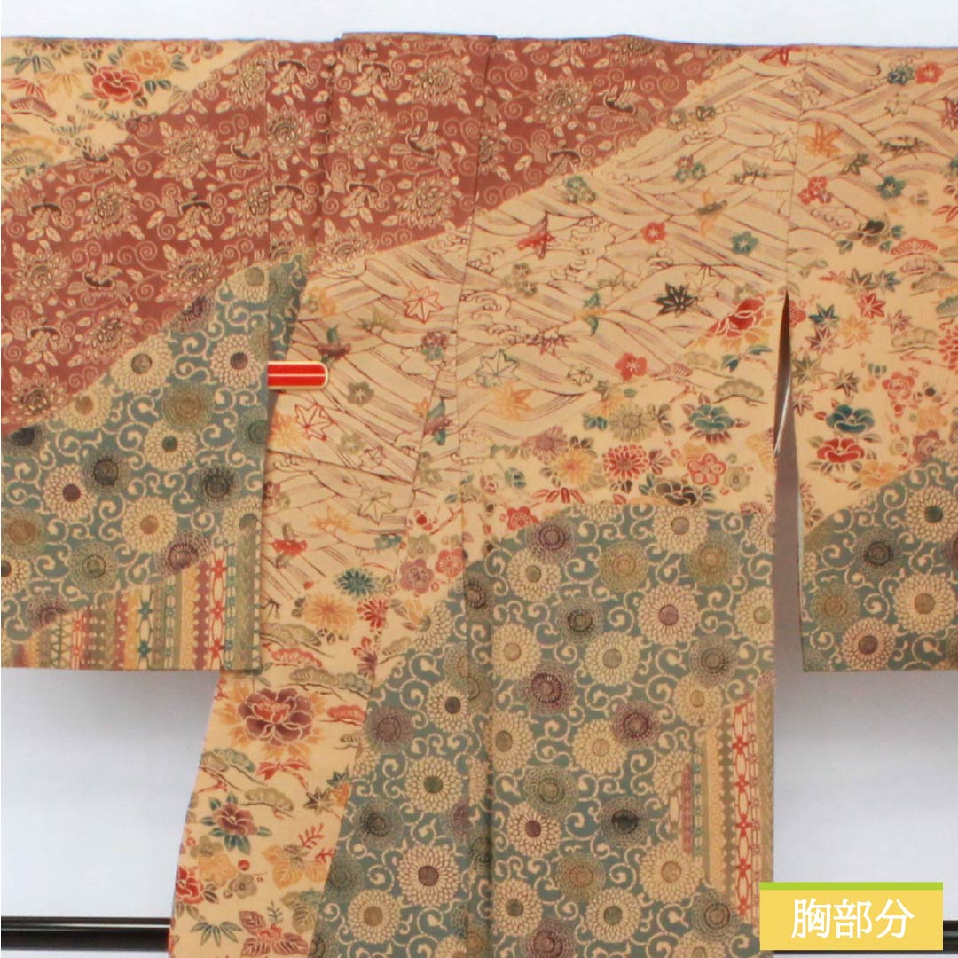 訪問着 正絹 Sランク 袷 身丈157cm 裄丈62.5cm 淡朽葉色(うすくちばいろ) 作家物 京紅型 吉祥文様 松竹梅 菊 橙系 1112007382326
