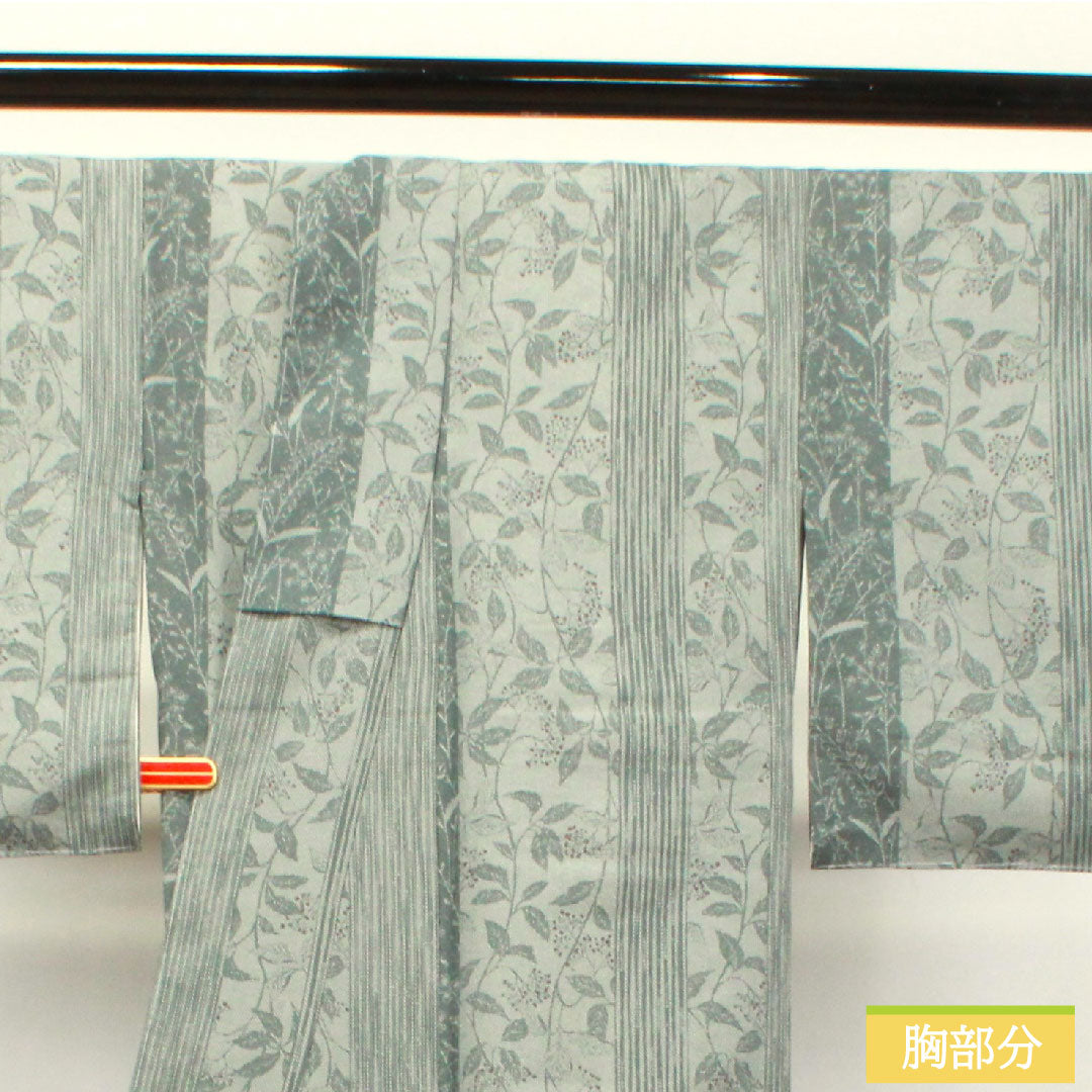 小紋 ポリエステル 身丈167cm 裄丈66.5cm 袷 洗える着物 南天 縞 しつけ糸付き Sランク グレー系 1115004002522