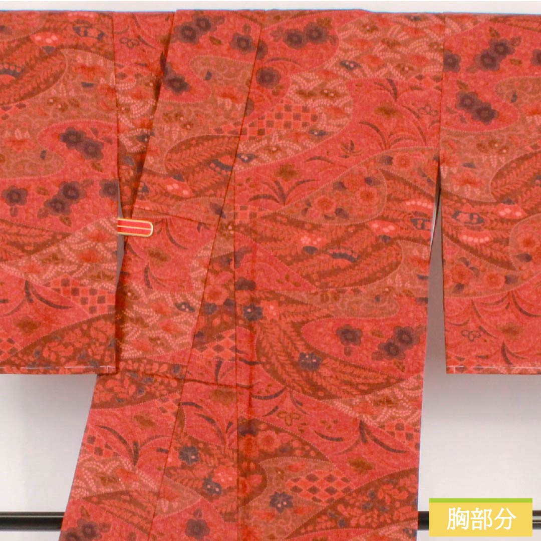 Komon, pure silk, length 161cm, sleeve length 67cm, lined, deep maple leaf color (koimomijiiro), Tsujigahana, with basting thread, S rank, vermilion, 1115005302416