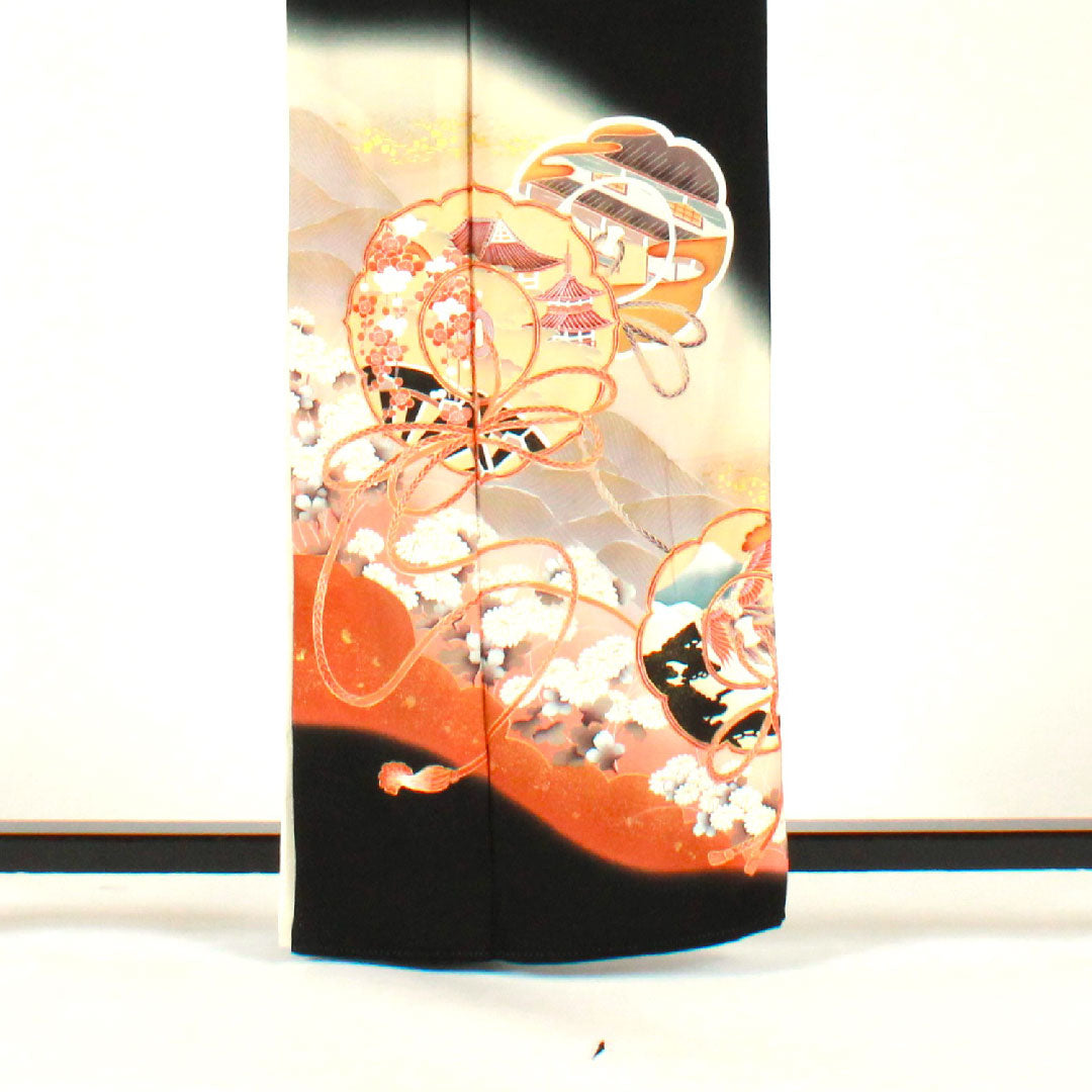 Black formal kimono, length 161cm, sleeve length 64cm, lined, Kyoto Yuzen, auspicious motif, circle with tangerines, pure silk, A rank, five crests, black, 1111000373410