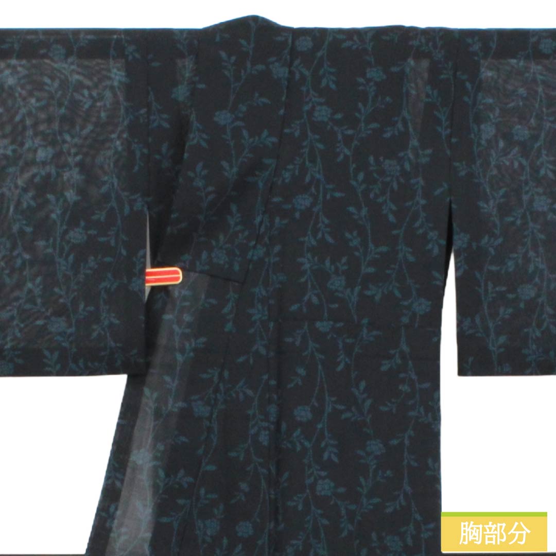 夏物 正絹 小紋 Sランク 身丈155.5cm 裄丈63.5cm 濃紺色(のうこんいろ) 草花模様 紗 紺系 1132004532318