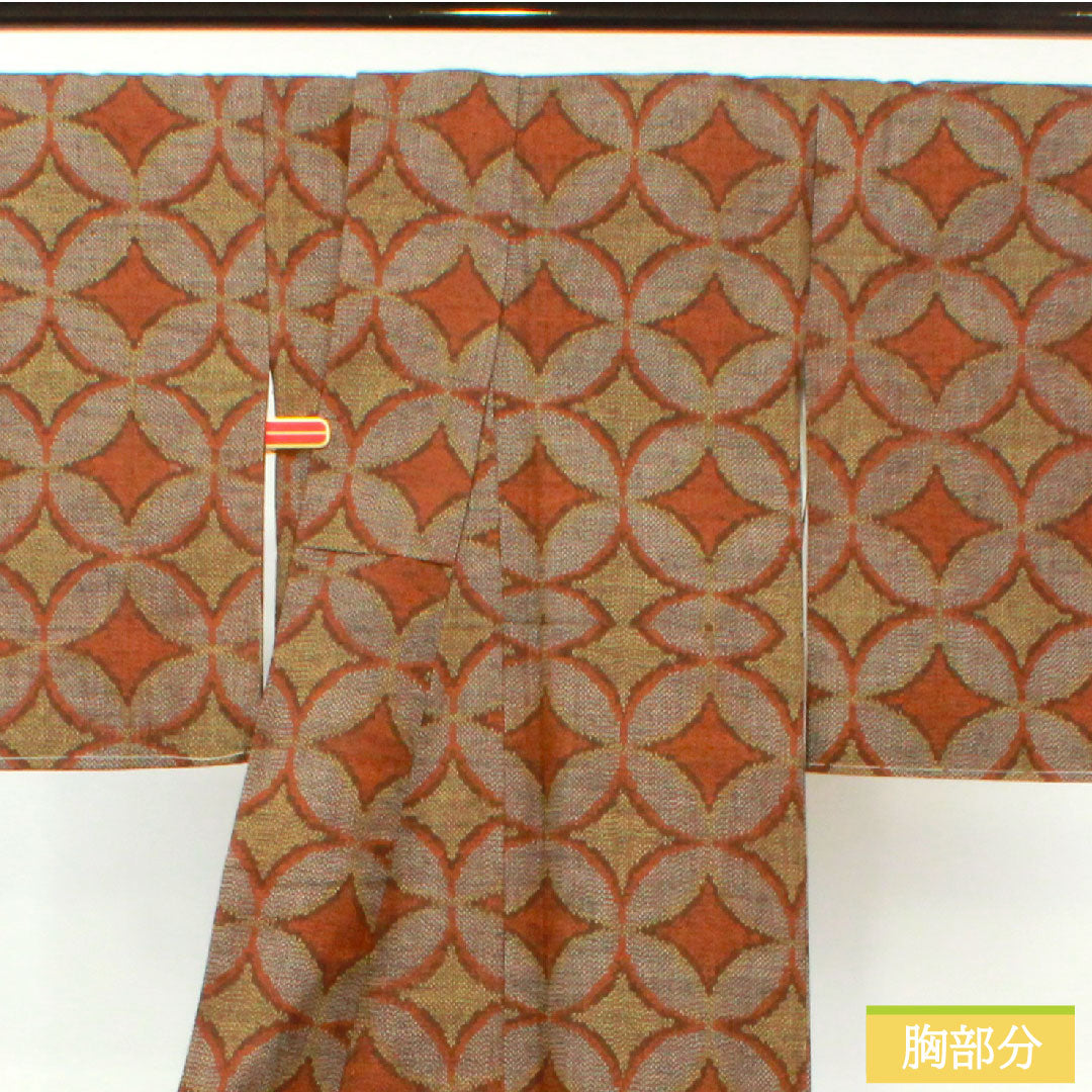 Tsumugi, pure silk, length 158cm, sleeve length 62.5cm, Shippo, A rank, lined, brown, 1116003543314