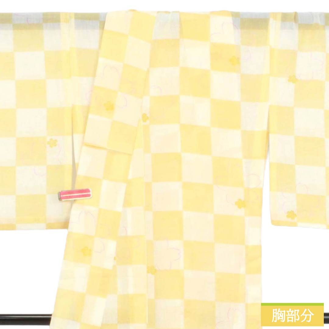 Summer Polyester Komon S Rank Length 167.5cm Sleeve Length 68cm Kikarakami-iro Checkered Sakura Washable Kimono Gauze Yellow 1132003542523