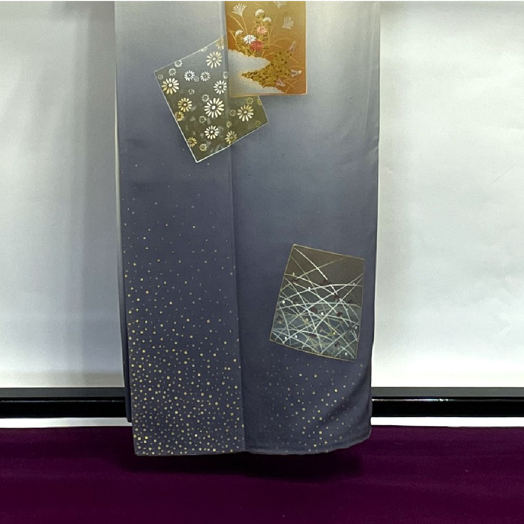 Homongi, lined, length 158cm, sleeve length 66cm, chalk color, Living National Treasure, Fukuda Kiyoshige, Shikishi pattern, embroidery, pure silk, S rank, gray, 1112002022322